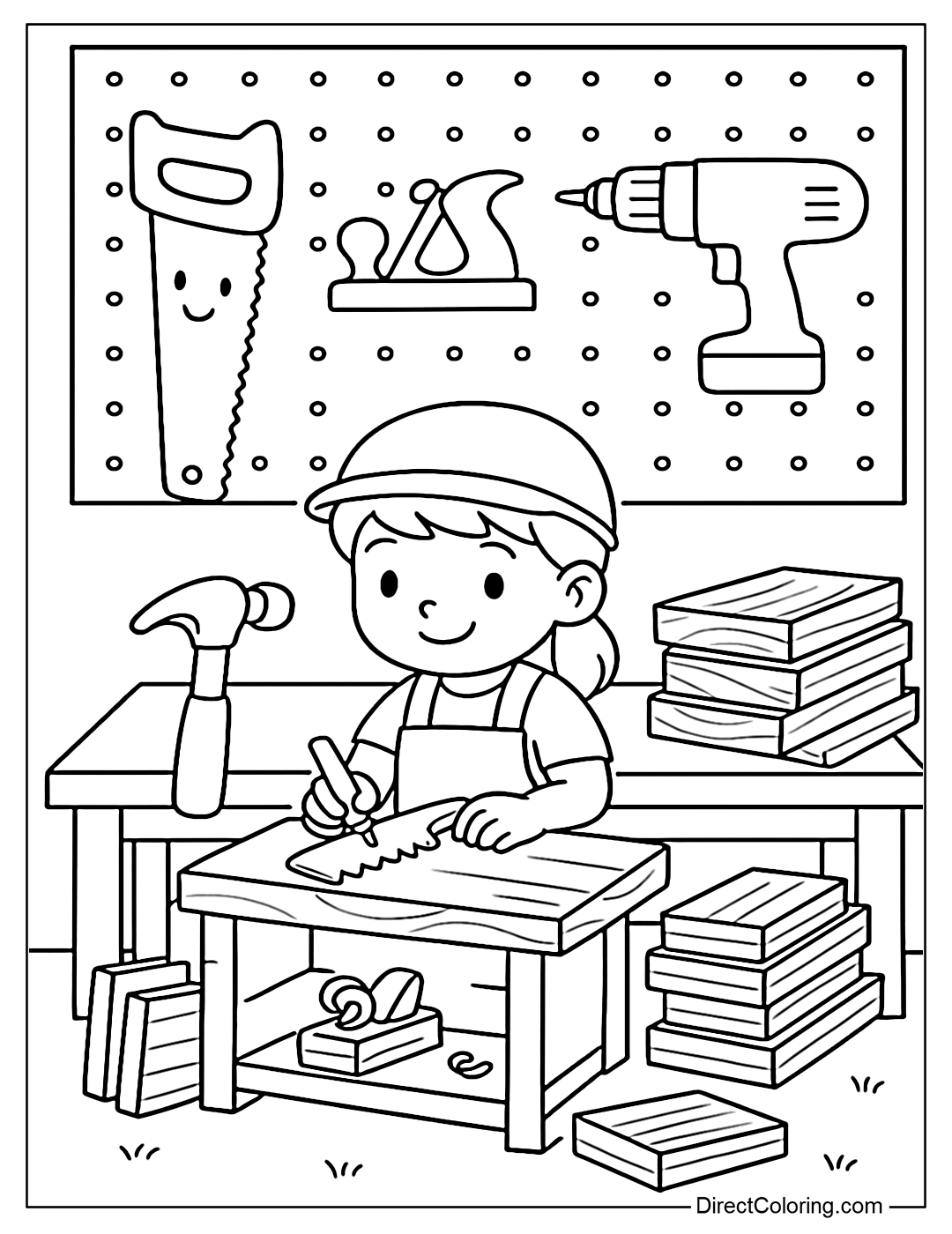 Carpentry workshop corner coloring page with saws, planes, drills, and neatly arranged wood.